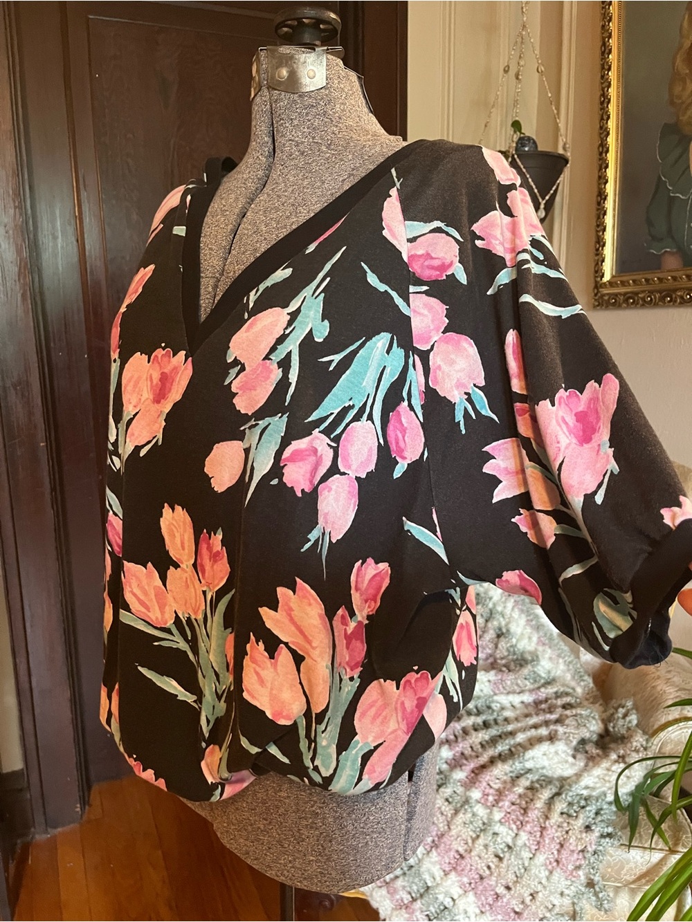Black Floral V-Neck Blouse with Pink & Coral Tulips